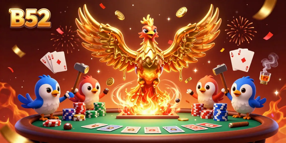 B52 casino featuring a golden phoenix, poker table, colorful chips, and dynamic festive elements.