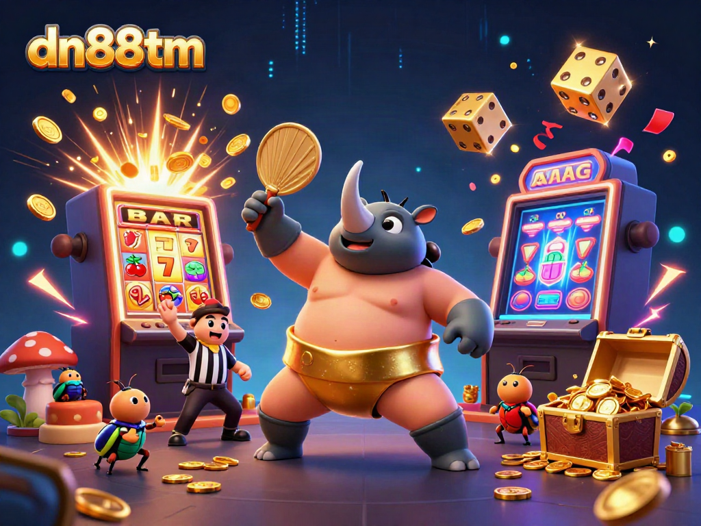 Experience the excitement of dn88tm with a beetle champion stomping coins amidst vibrant casino elements.
