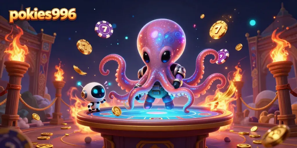 Experience exciting wins with pokies996 as a vibrant alien octopus operates a holographic poker table.