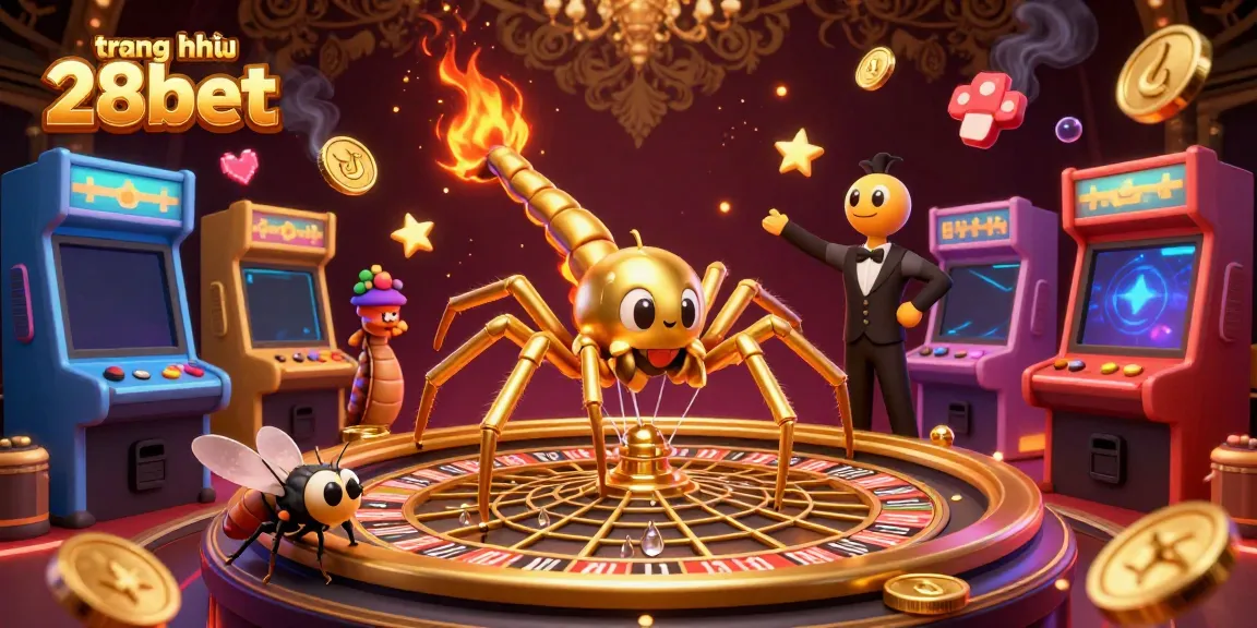 Experience the excitement at trang chủ 28bet with a vibrant 3D casino scene of a spider and centipede in action.