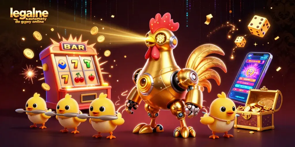 Engage with legalne automaty do gier online surrounded by exciting casino game elements and golden treasures.