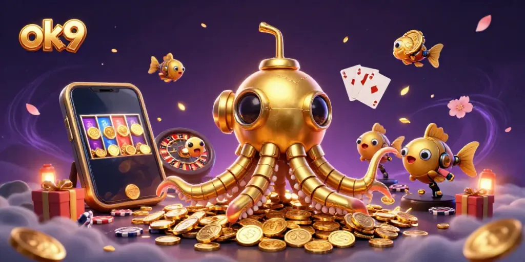 Experience exciting gaming on ok9 with a vibrant scene of a kraken submarine emerging from golden coins.