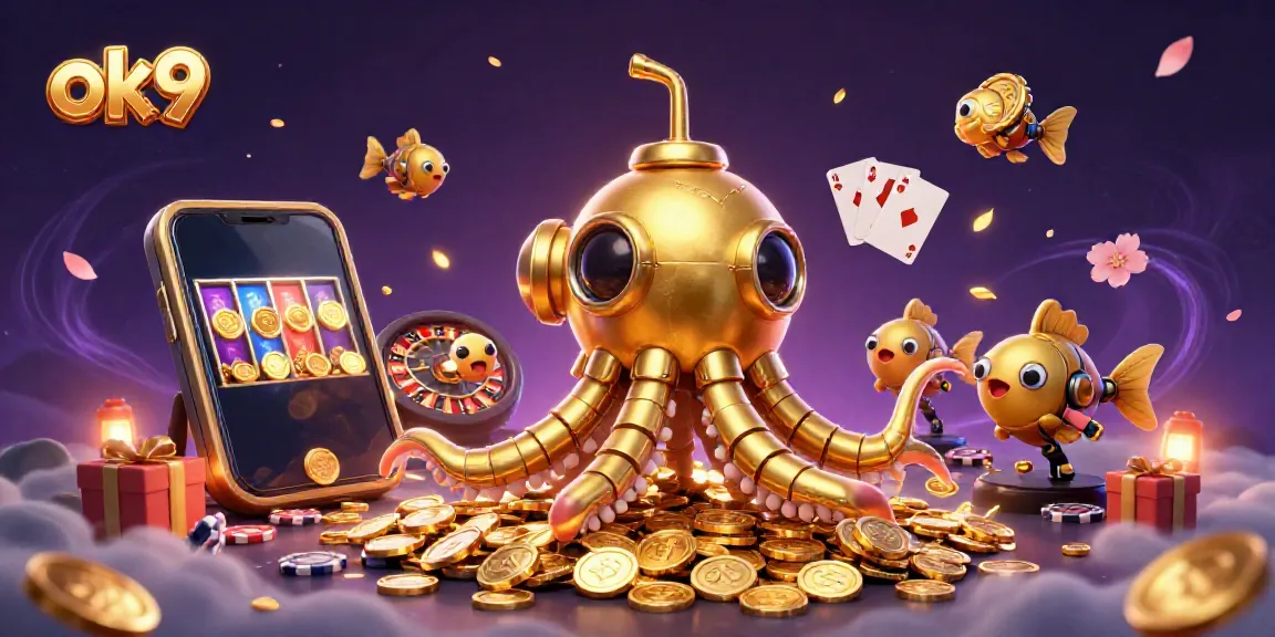 Experience exciting gaming on ok9 with a vibrant scene of a kraken submarine emerging from golden coins.