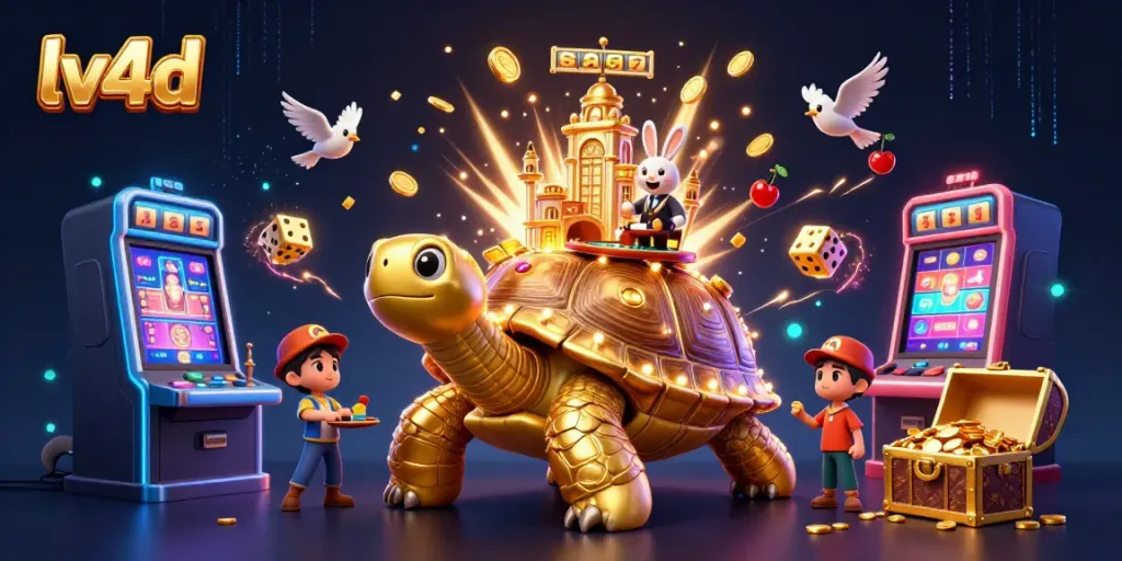 Experience lv4d casino thrills with a rabbit dealer and golden tortoise in a dynamic jackpot scene.