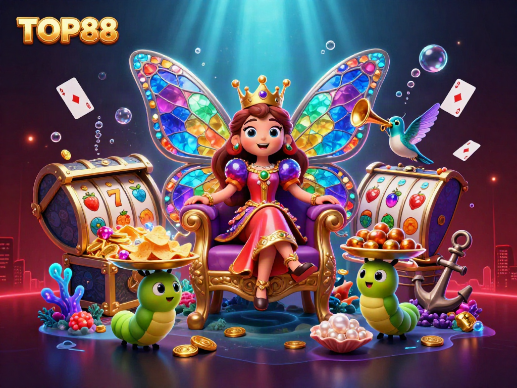 Explore vibrant casino action in the TOP88 gaming scene filled with colorful characters and rich treasures.