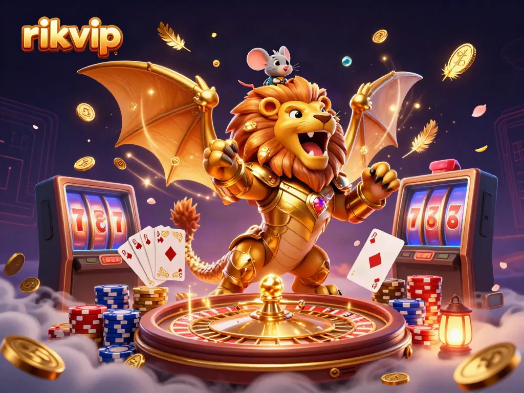 Experience thrilling jackpots and wins at rikvip with this vibrant 3D casino scene featuring golden elements and classic games.