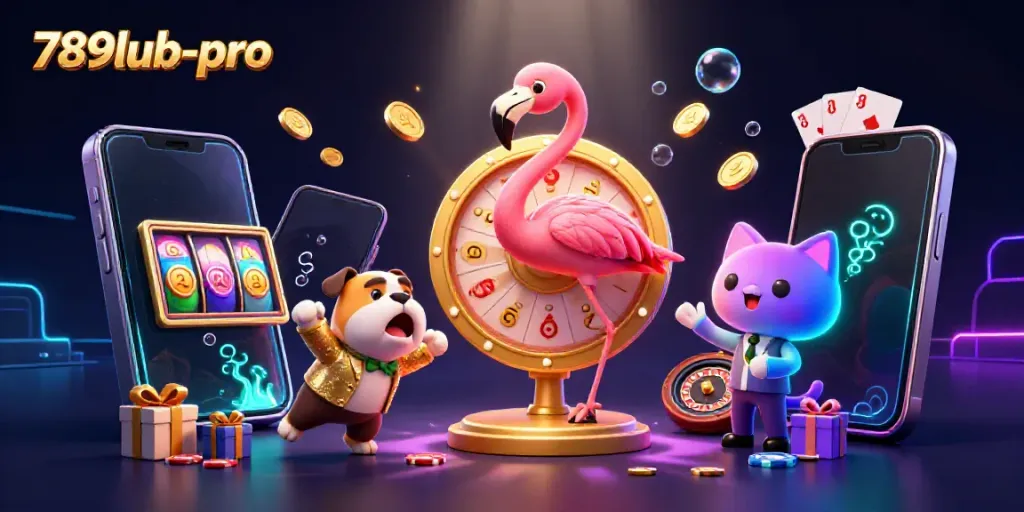 Win big with 789lub-pro as the game show host flamingo spins the prize wheel in a vibrant scene