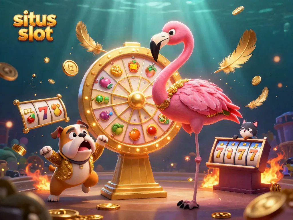 Engage with situs slot excitement, spinning vibrant prize wheel with jackpot rewards in a lively casino scene.