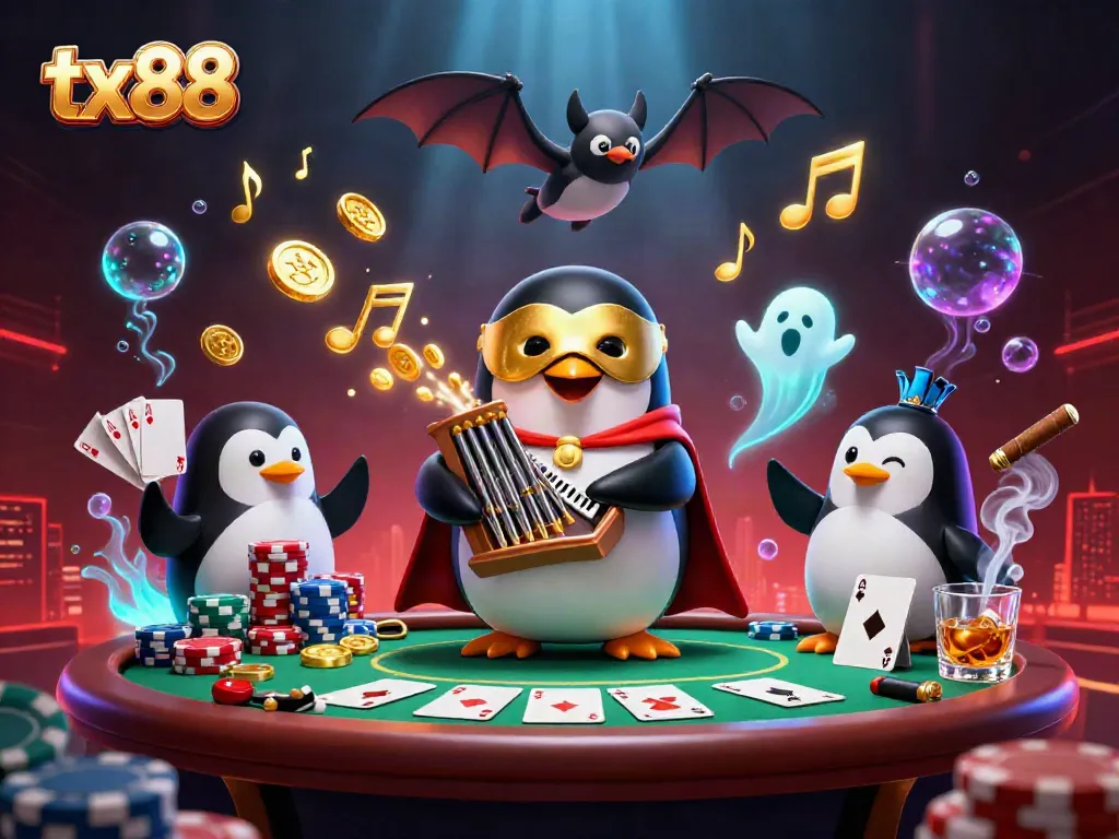 Engage in thrilling gameplay at tx88 with a vibrant casino scene featuring unique characters and elements.