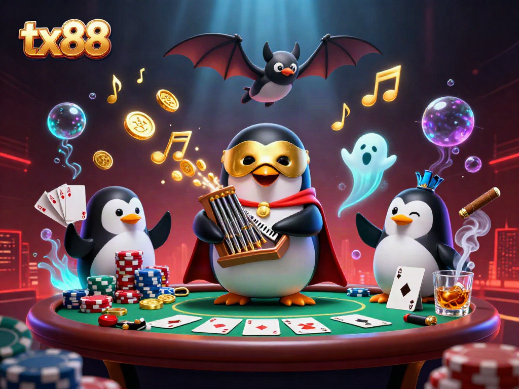 Engage in thrilling gameplay at tx88 with a vibrant casino scene featuring unique characters and elements.