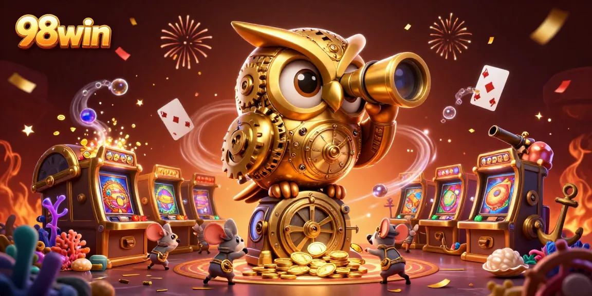 Engage with 98win's vibrant casino scene, showcasing a golden owl and playful patrons amid slot machines.