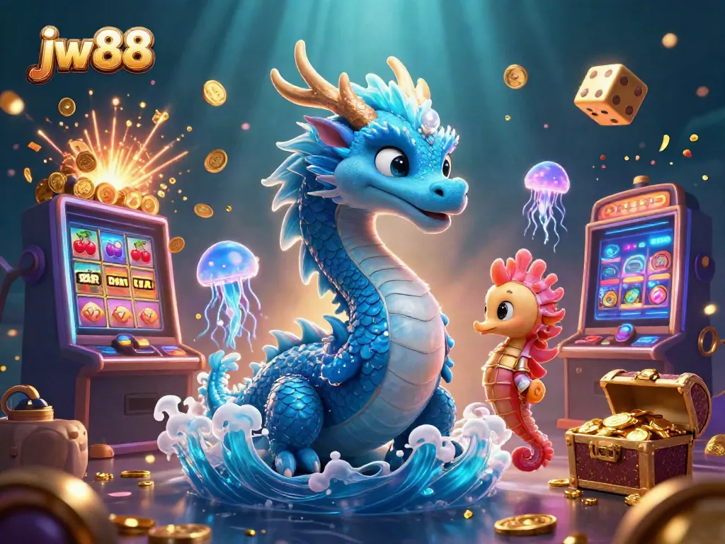 Experience the vibrant world of jw88 with a magical underwater casino scene showcasing an azure water dragon and a seahorse knight.