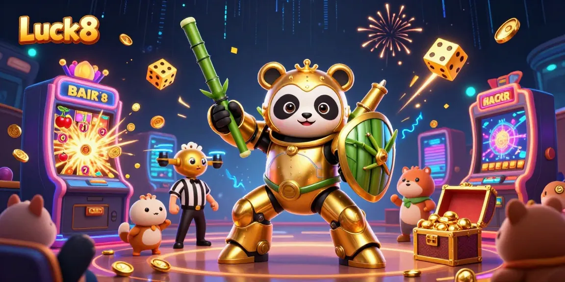 Experience thrilling gameplay at Luck8 with a vibrant scene of a panda piloting a robot amidst a jackpot explosion.