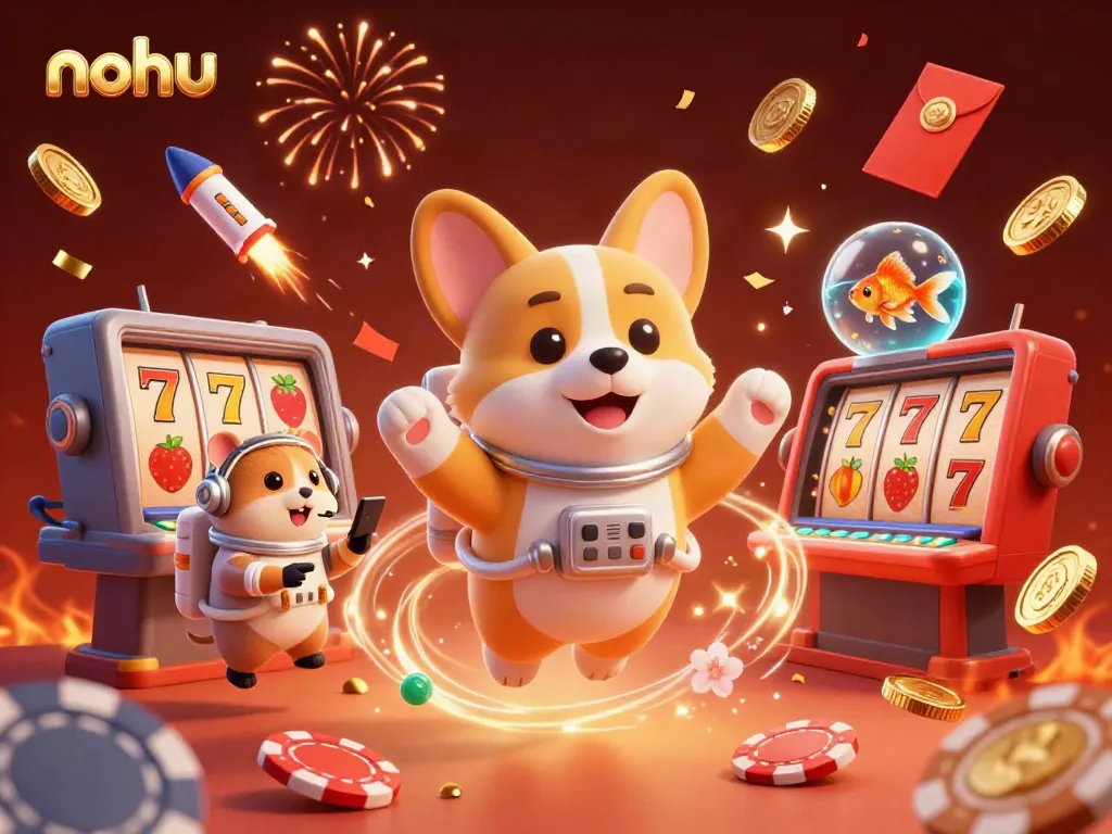 Experience exciting slots and jackpots in this lively nohu casino scene featuring playful characters.