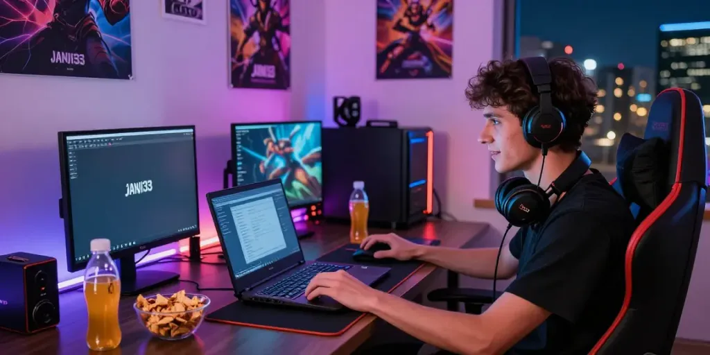 Experience the excitement of gaming with the janji33 link illuminated on the screen while enjoying snacks.