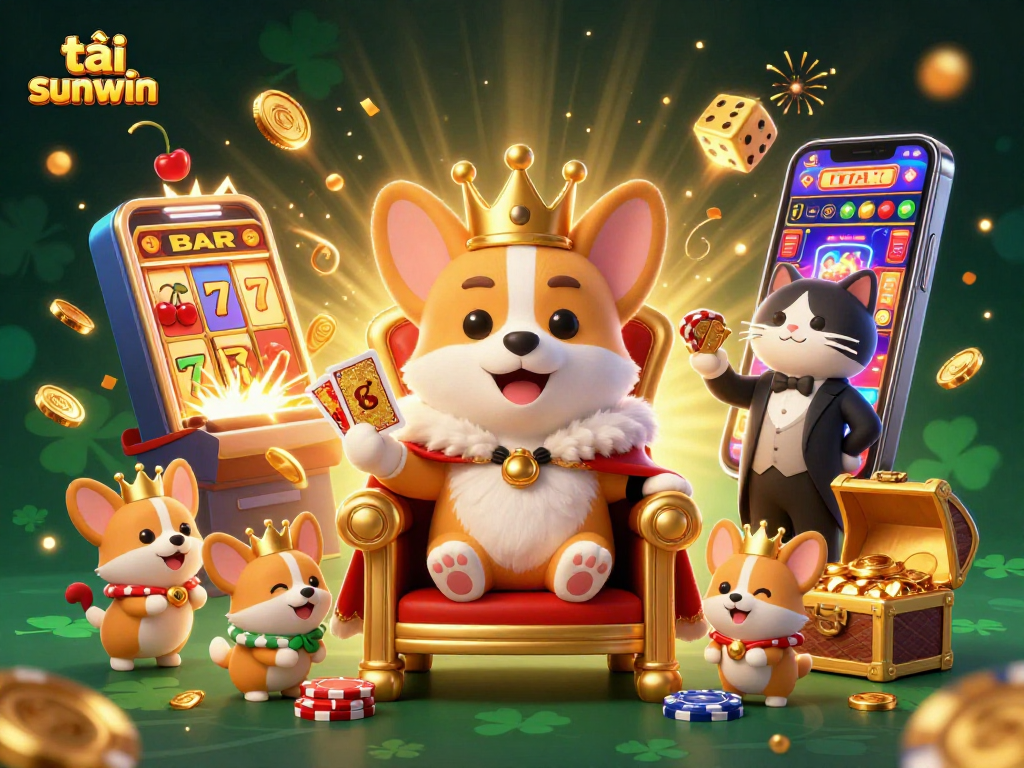 Spin to win big with tải sunwin showcasing a royal corgi amidst coins and casino games.