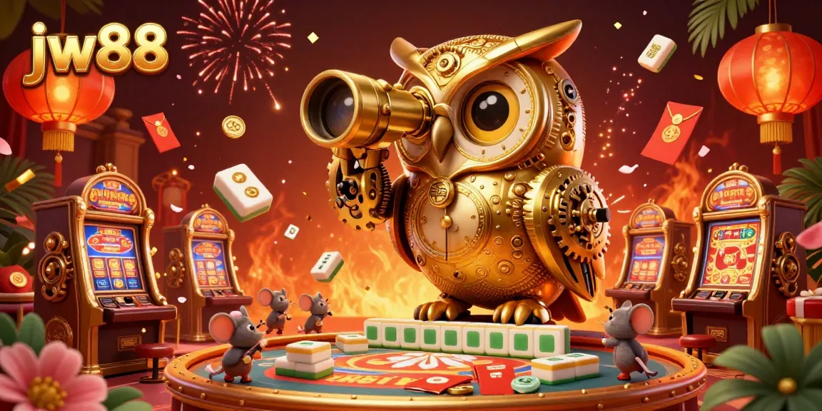 Engage with thrilling gameplay at jw88, featuring an intricate golden owl overseeing an exciting casino scene.