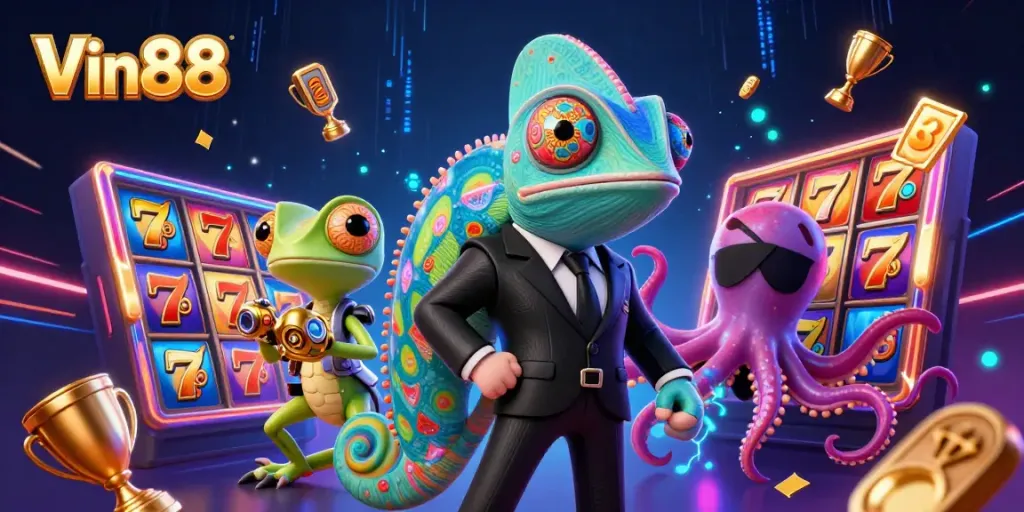Fearlessly gamble with Vin88 in this vibrant 3D illustration showcasing thrilling slots and jackpots.