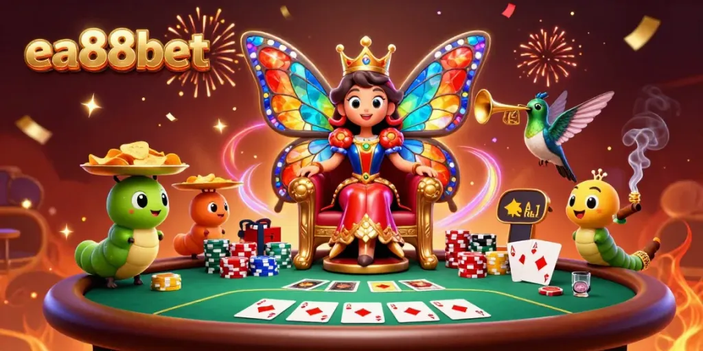 Engage with the colorful world of ea88bet with a vibrant casino scene featuring a butterfly queen.