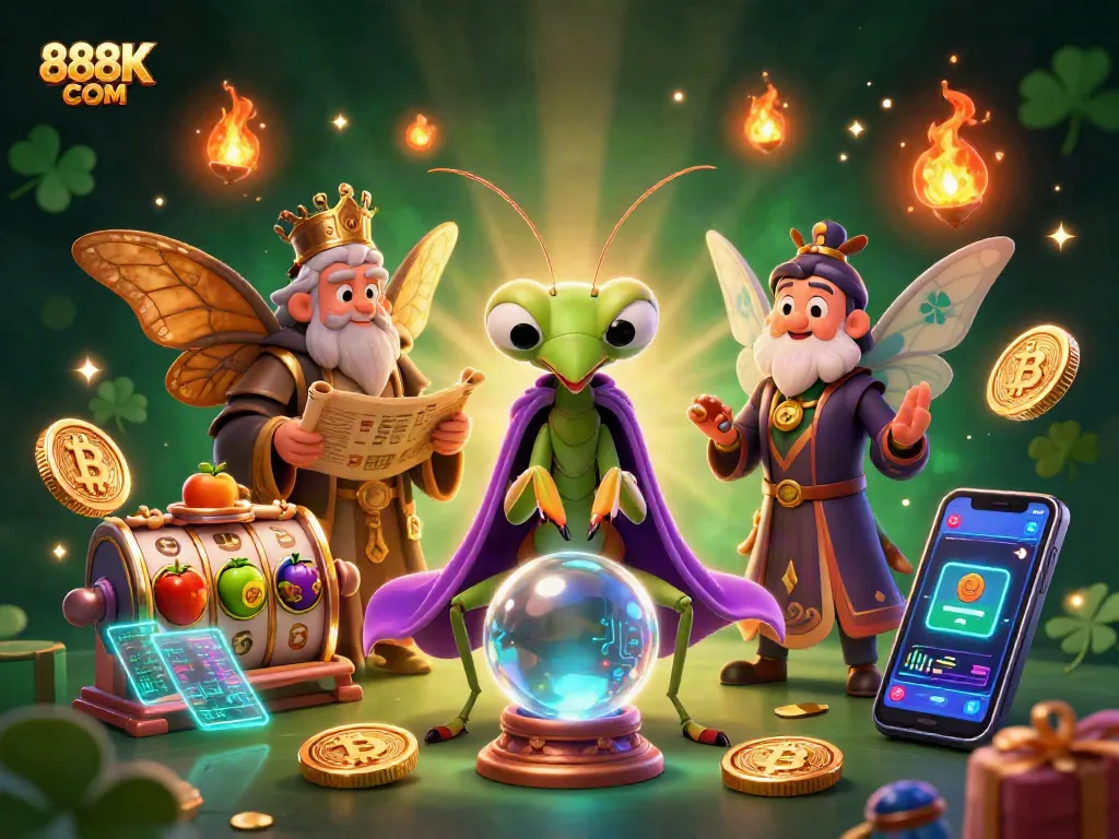 Capture the thrill of gaming at 888K COM featuring vibrant 3D illustrations of fortune tellers and coins.