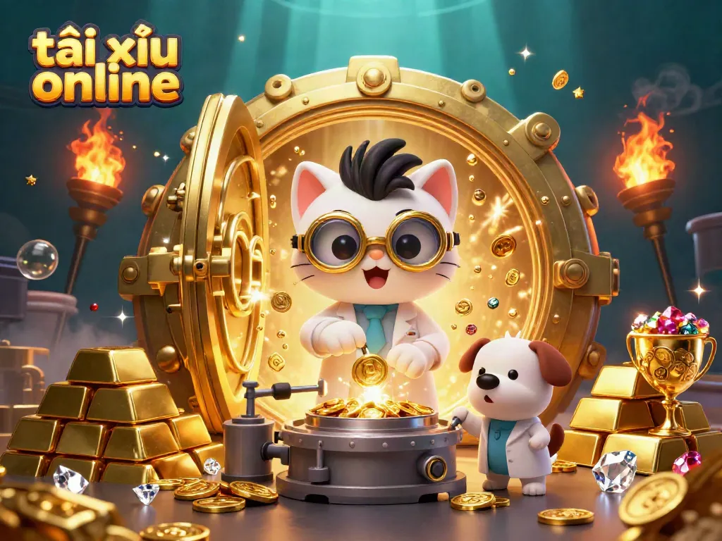 Engage in thrilling tài xỉu online action with mad scientist characters surrounded by treasures.