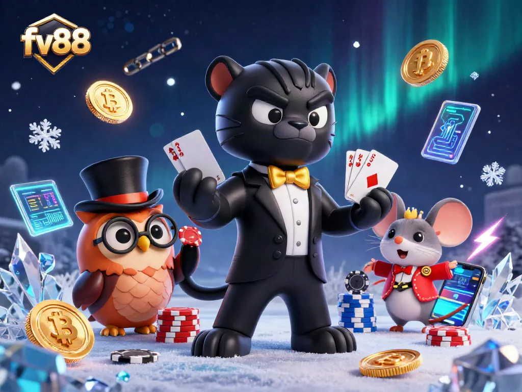 Engage in thrilling gameplay with fv88 as the stylish characters deal cards and showcase crypto elements.