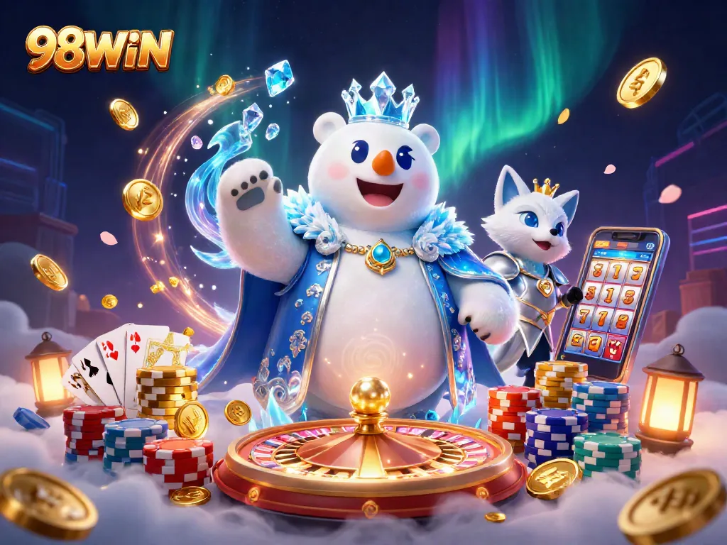 Engage with the 98WIN casino experience featuring an ice king polar bear and snow fox in an energetic gaming scene.