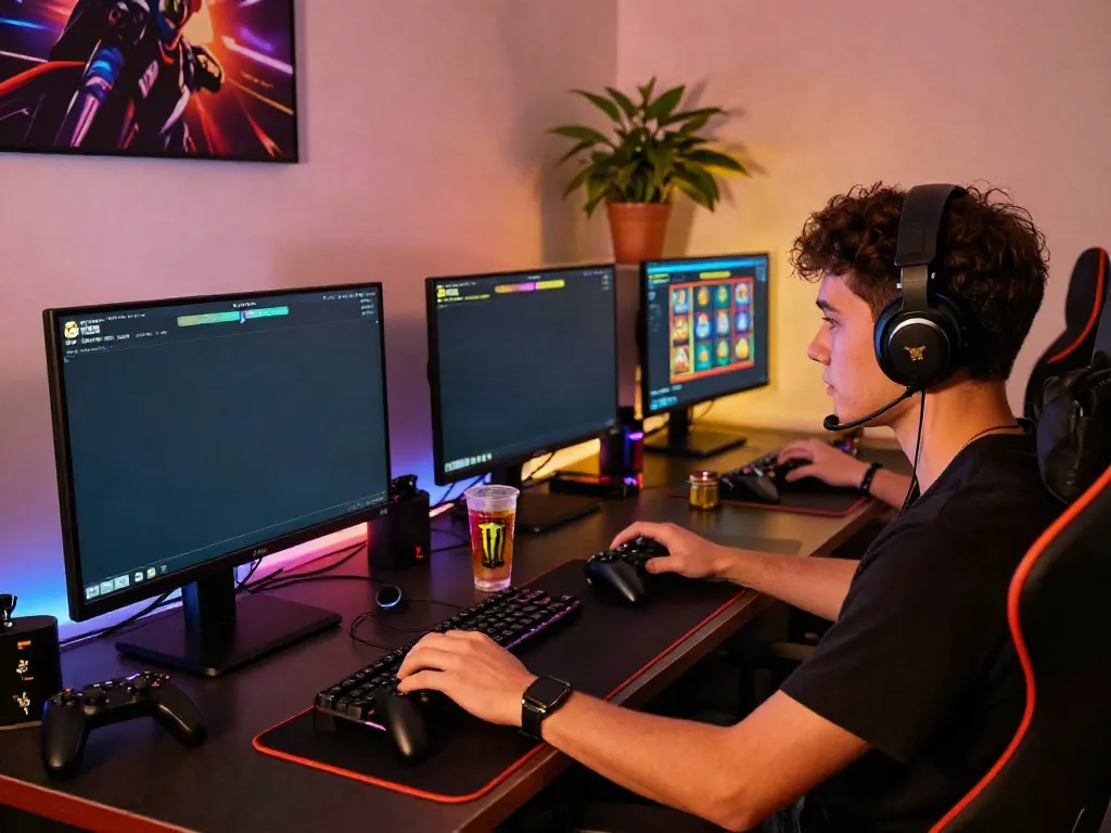 Engaging gaming setup showcasing vibrant slot games on multiple screens, emphasizing situs slot gacor excitement.