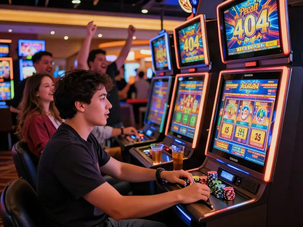 Exciting gambling atmosphere with 'pecah 404' highlighted at a lively casino.