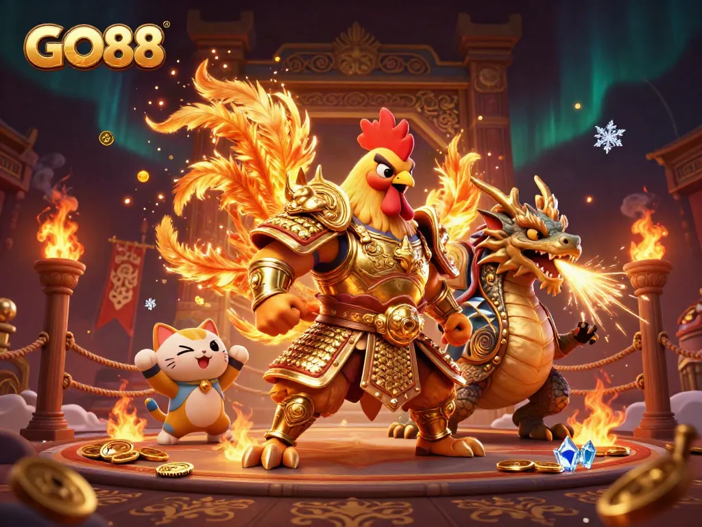 Engage in thrilling battles at GO88 with dynamic casino characters and vibrant gaming elements.