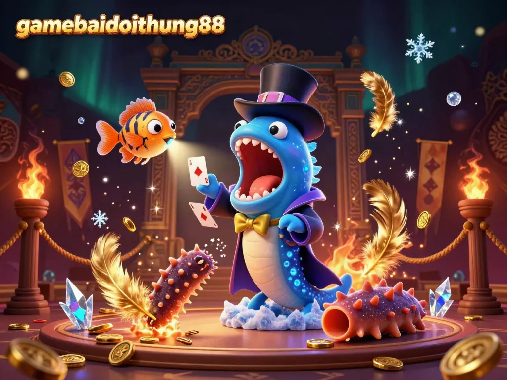 Engaging 3D scene with gamebaidoithuong88 characters performing magical card tricks in a vibrant casino atmosphere.