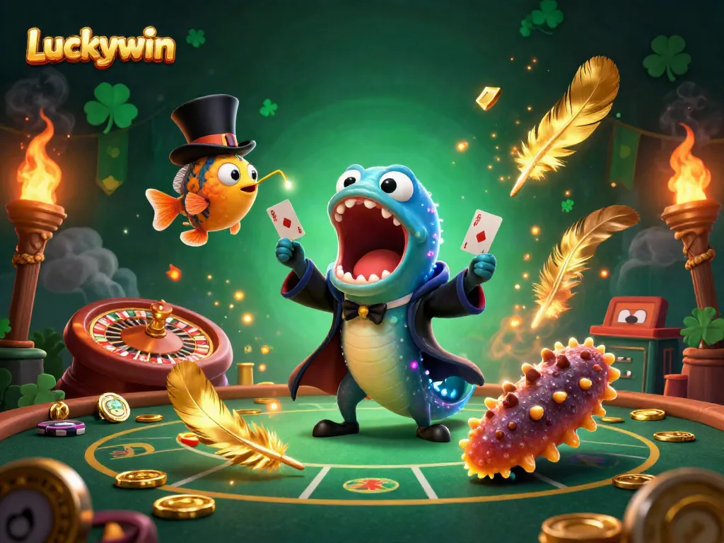 Experience the thrill of Luckywin with vibrant 3D characters performing magical casino tricks amidst dynamic gaming elements.