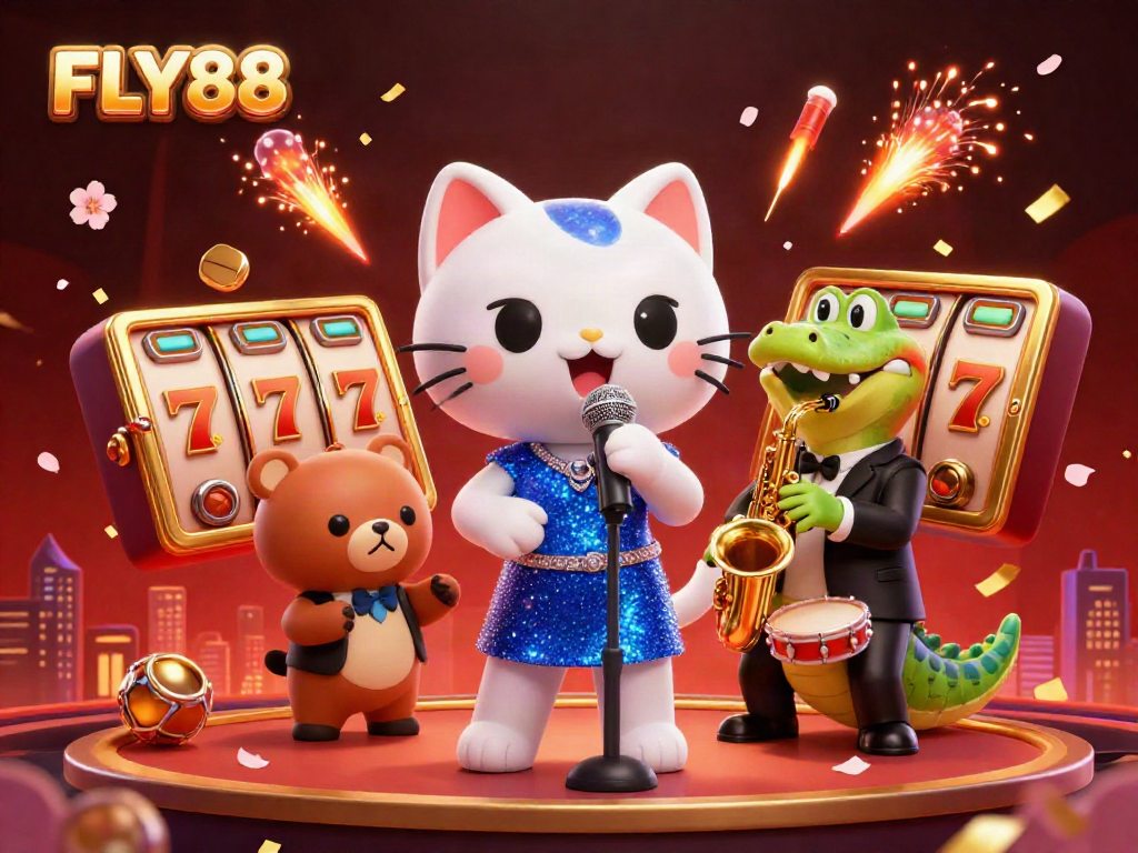 FLY88 jazz-singer cat entertains on stage amidst vibrant casino elements, showcasing a dynamic gaming scene.