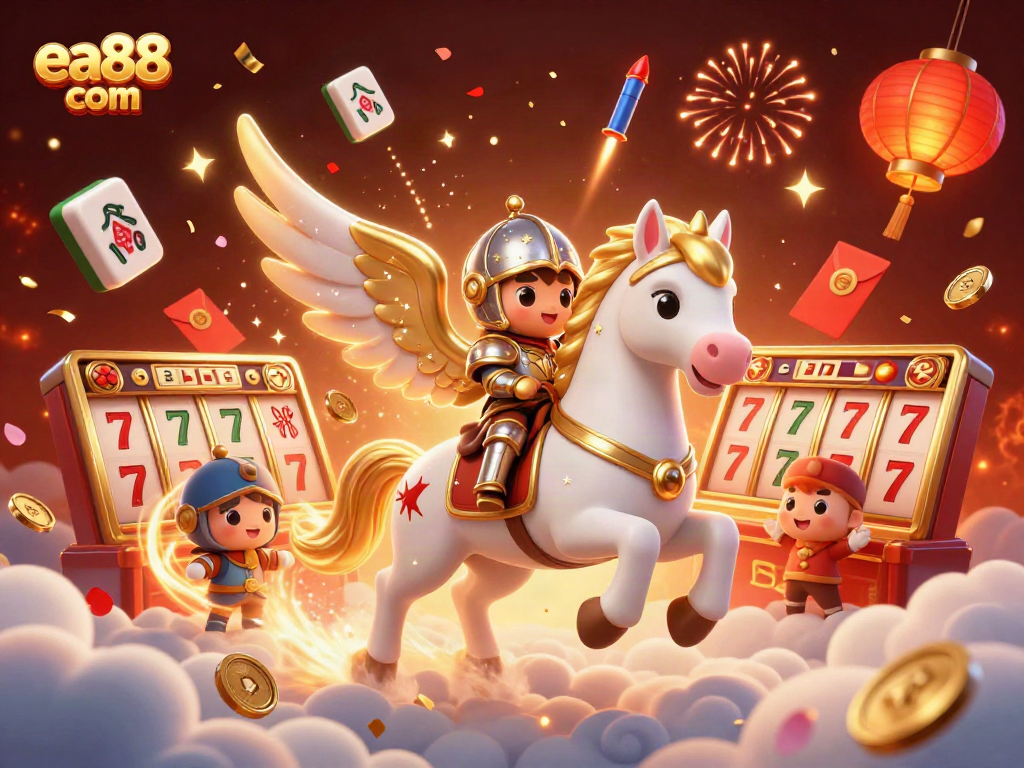Explore exciting slots at ea88 com with a celestial knight riding a galloping horse through a vibrant casino scene.