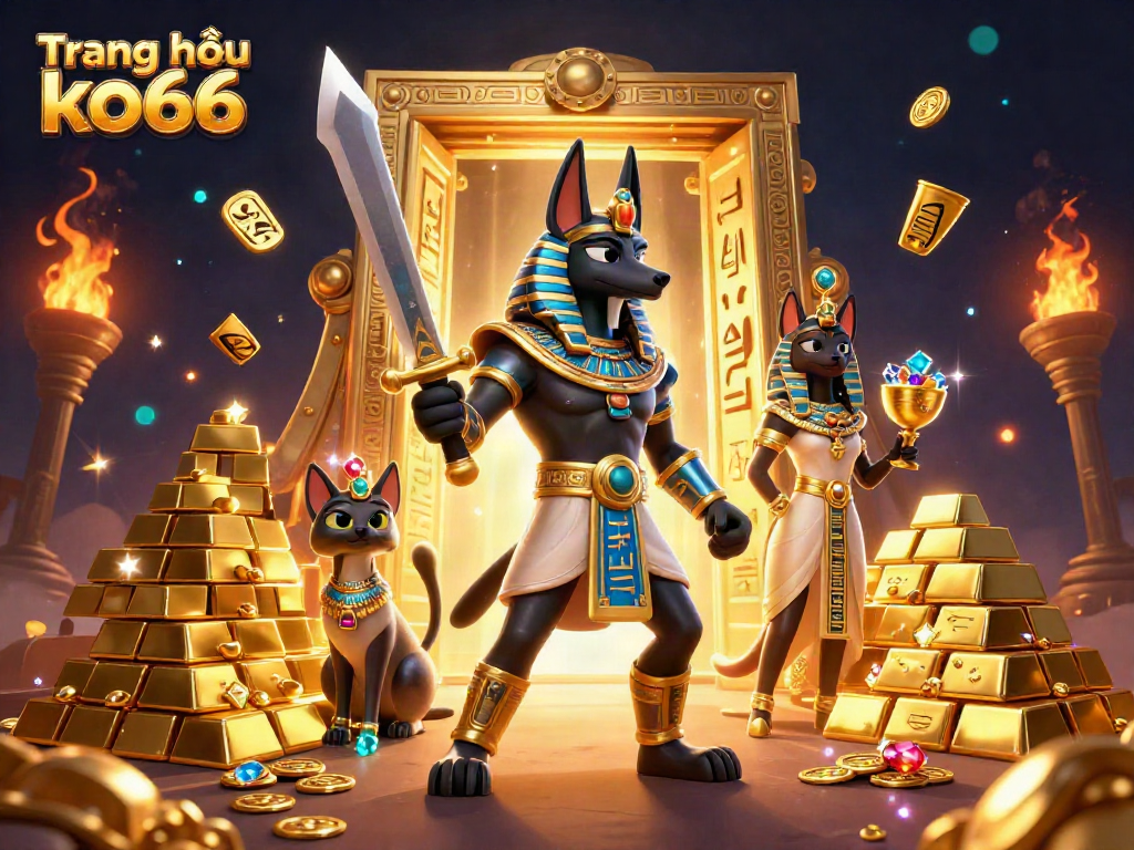 Experience thrilling gaming at Trang chủ ko66 with Anubis and Bastet amidst treasures and jackpot excitement.