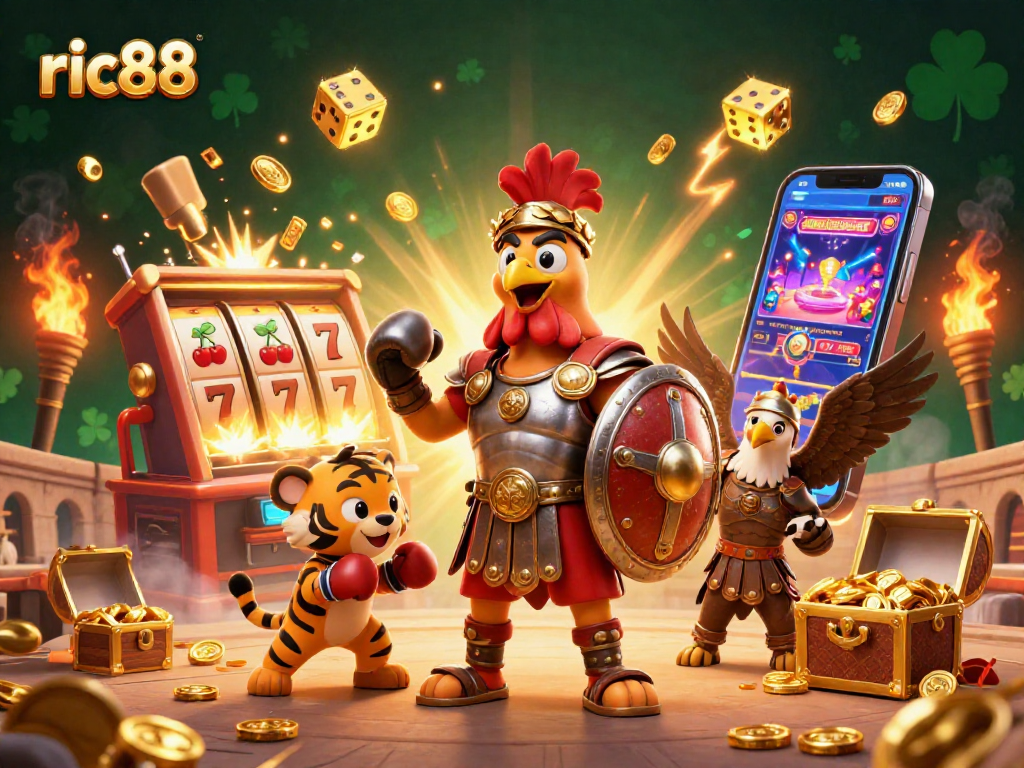 Experience the excitement of ric88 with a dynamic casino scene featuring a rooster gladiator amidst soaring jackpots.