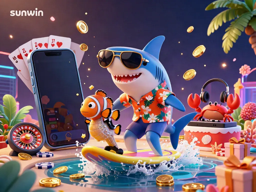 Experience the thrill of sunwin with a vibrant illustration of a cartoon shark surfing gold coins alongside a whimsical clownfish and crab DJ.