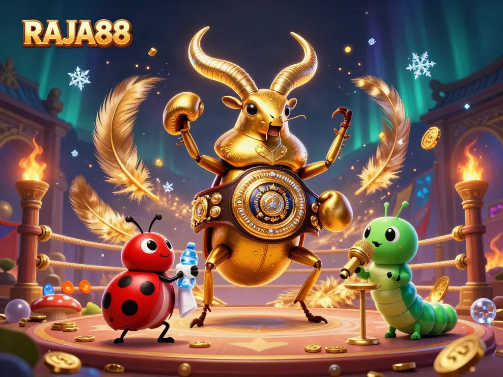 Engage in winning fun with RAJA88's dynamic casino scene featuring cartoon characters and vibrant gaming elements.
