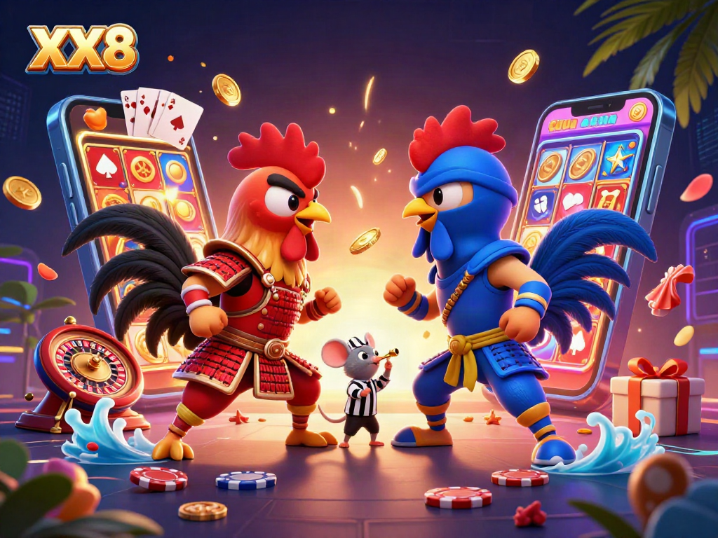 Experience thrilling action at XX8 with cartoon roosters battling amid vibrant casino elements.