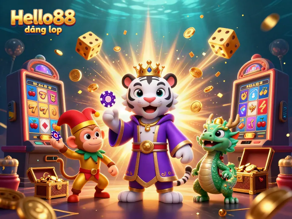 Engage with Hello88 đăng nhập in a vibrant casino scene featuring a regal white tiger, jester monkey, and animated jade dragon.