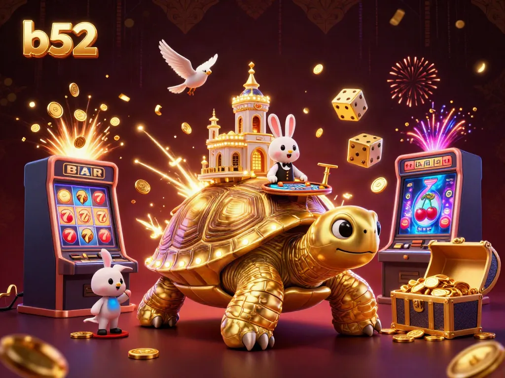 Experience the excitement of b52 gaming with a vibrant casino scene featuring a golden tortoise and a rabbit dealer.