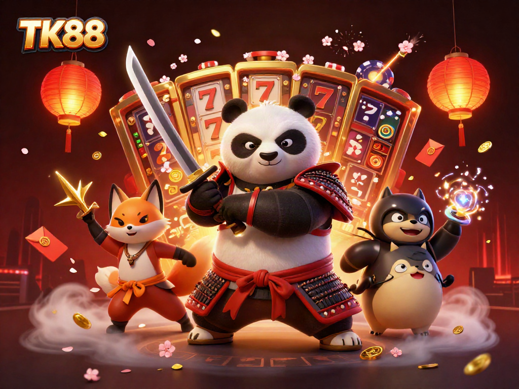 TK88 showcases a vibrant, high-energy casino scene with a samurai panda and ninja fox.