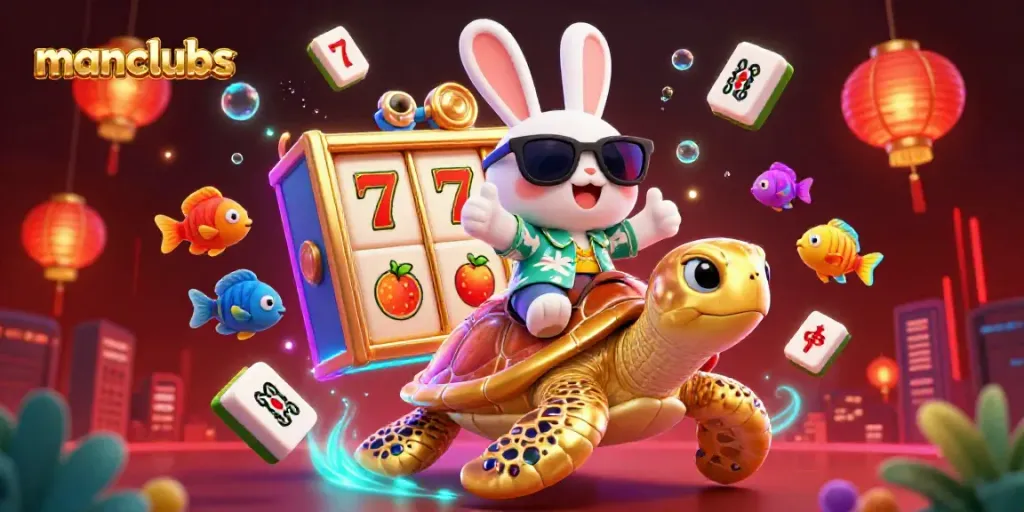 Experience manclubs' vibrant slots scene with a cartoon rabbit, golden sea turtle, and lively underwater elements.