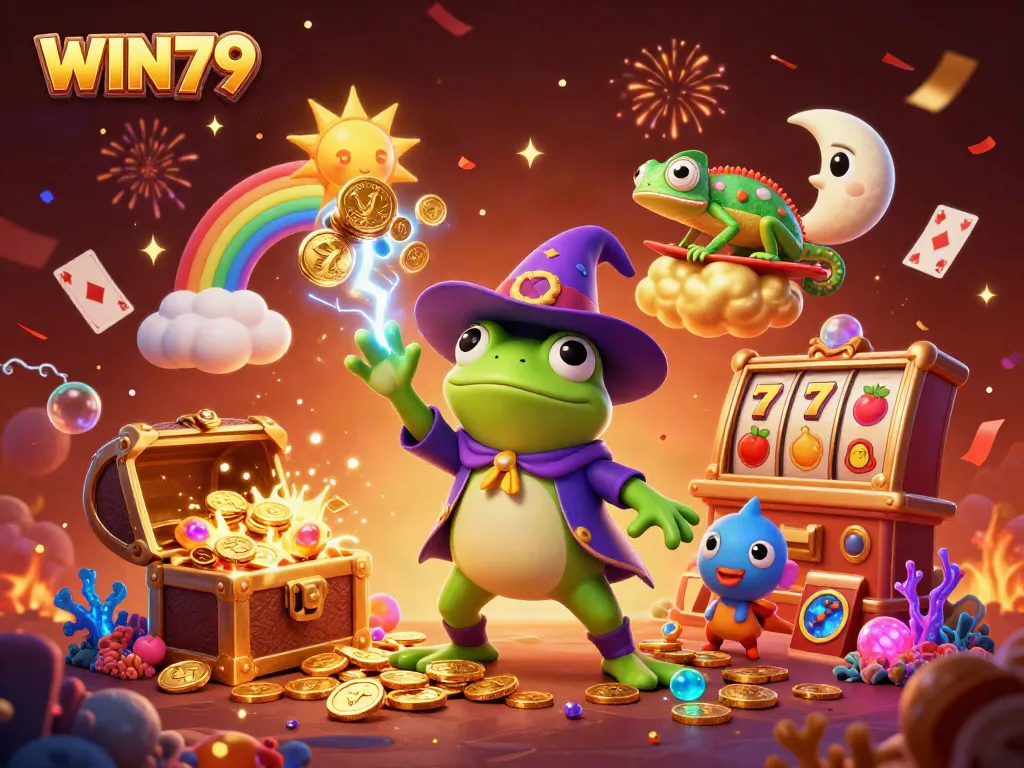 Experience thrilling wins at WIN79's vibrant casino with golden coin storms and magical characters.