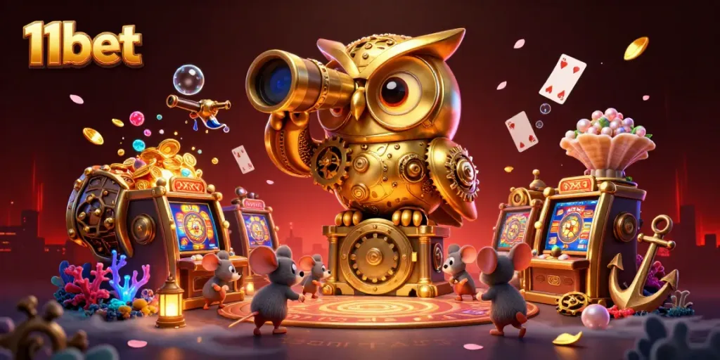 Win big at 11bet with an ultra-detailed 3D cartoon scene displaying a vibrant casino atmosphere.
