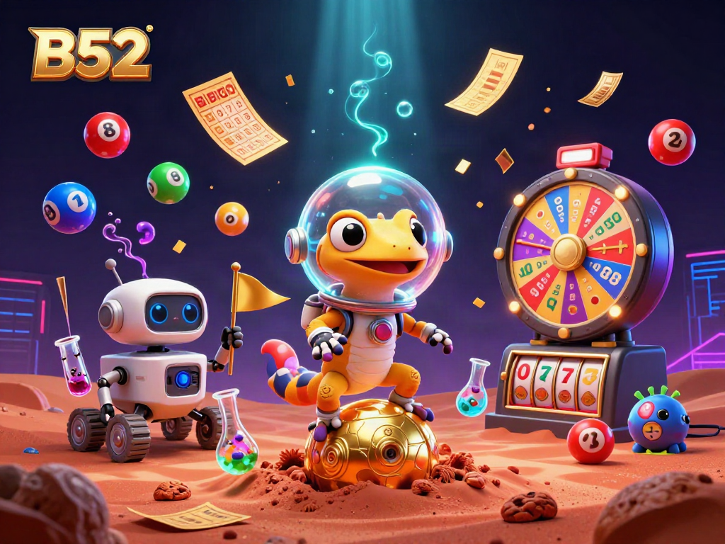 B52 casino revelry captured with a Martian gecko uncovering a golden casino amid vibrant gaming elements.