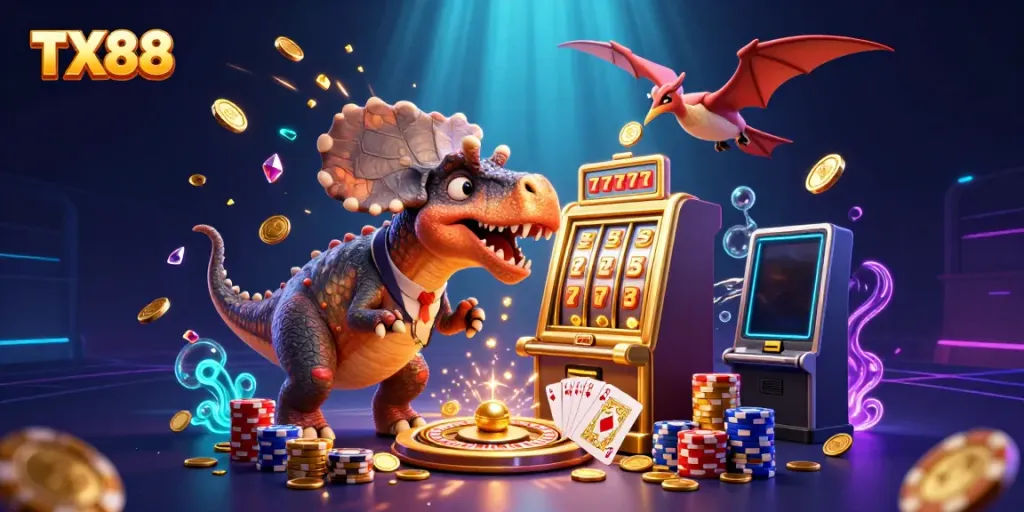 TX88 brings excitement as a pachycephalosaurus wins jackpots amid cascading coins in this vibrant casino scene