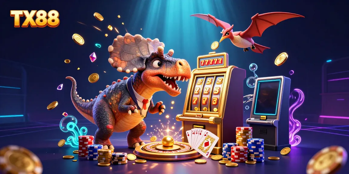 TX88 brings excitement as a pachycephalosaurus wins jackpots amid cascading coins in this vibrant casino scene