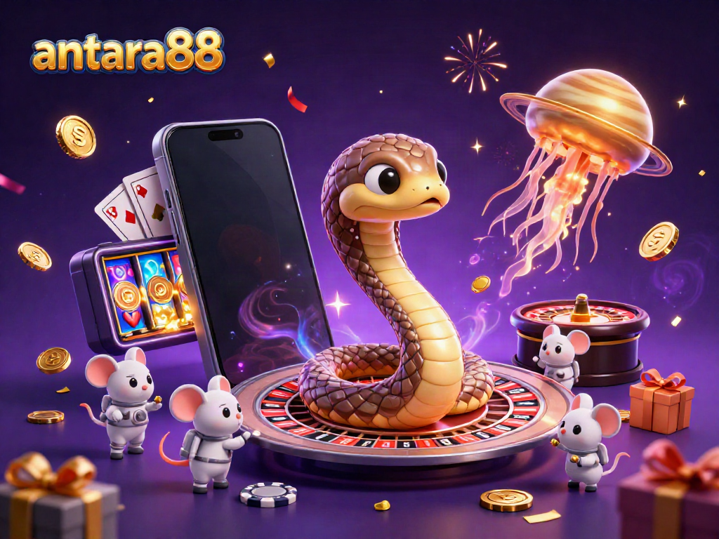 Experience risky spins with antara88, as astronaut mice bet on Saturn's roulette wheels amidst 3D cosmic gaming excitement.