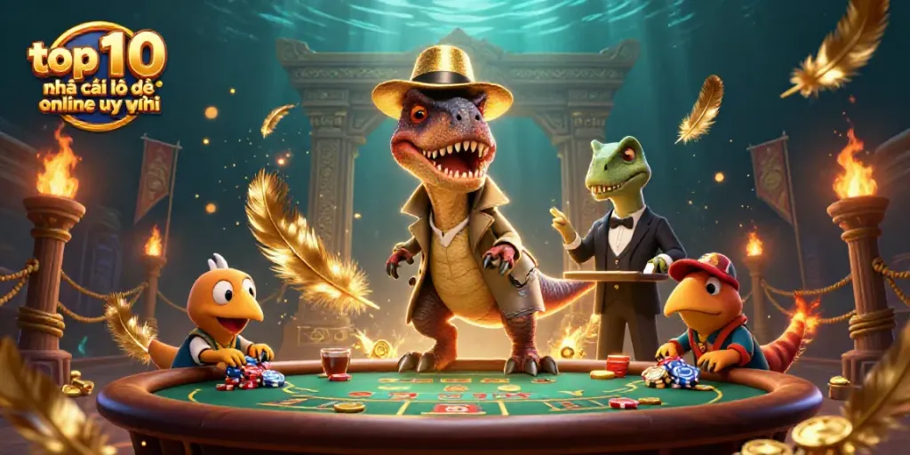 This ultra-detailed scene showcases a velociraptor card counter and characters interacting at a casino table, highlighting the top 10 nhà cái lô đề online uy tín.